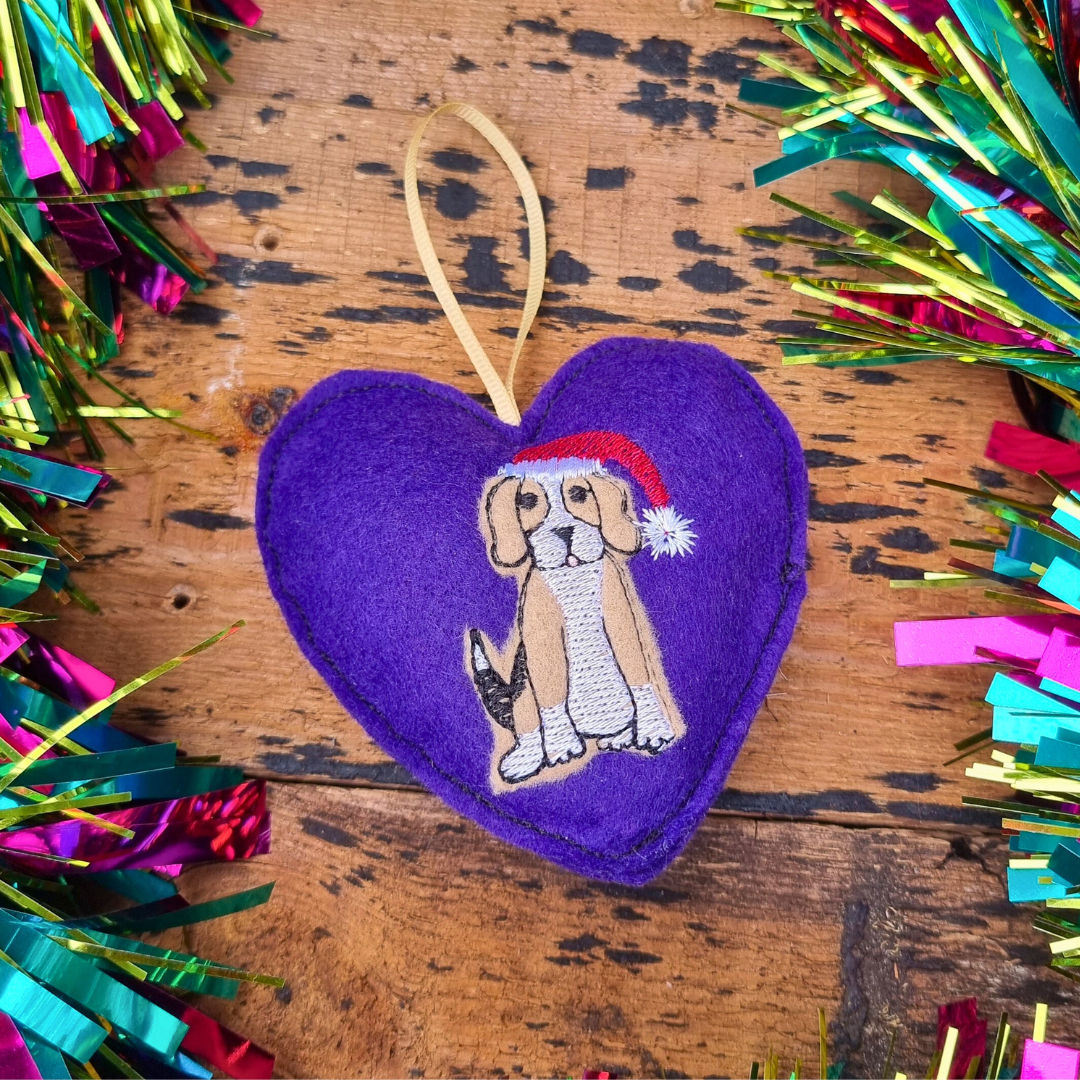 Light Brown Christmas Beagle | Purple Felt Heart Christmas Decoration