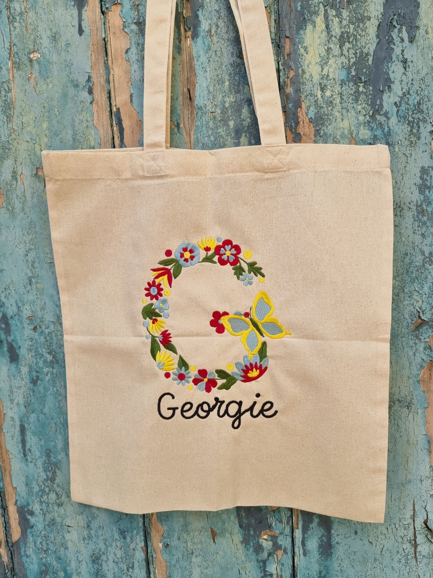 Floral Butterfly Initial With Name | Embroidered Tote Bag
