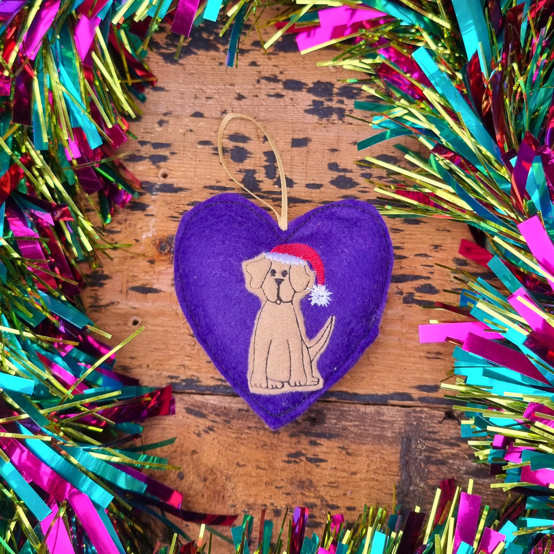 Light Brown Christmas Labrador | Purple Felt Heart Christmas Decoration