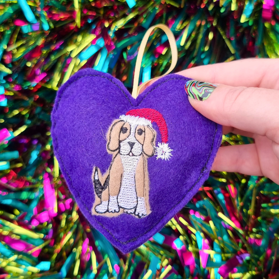 Light Brown Christmas Beagle  | Purple Felt Heart Christmas Decoration