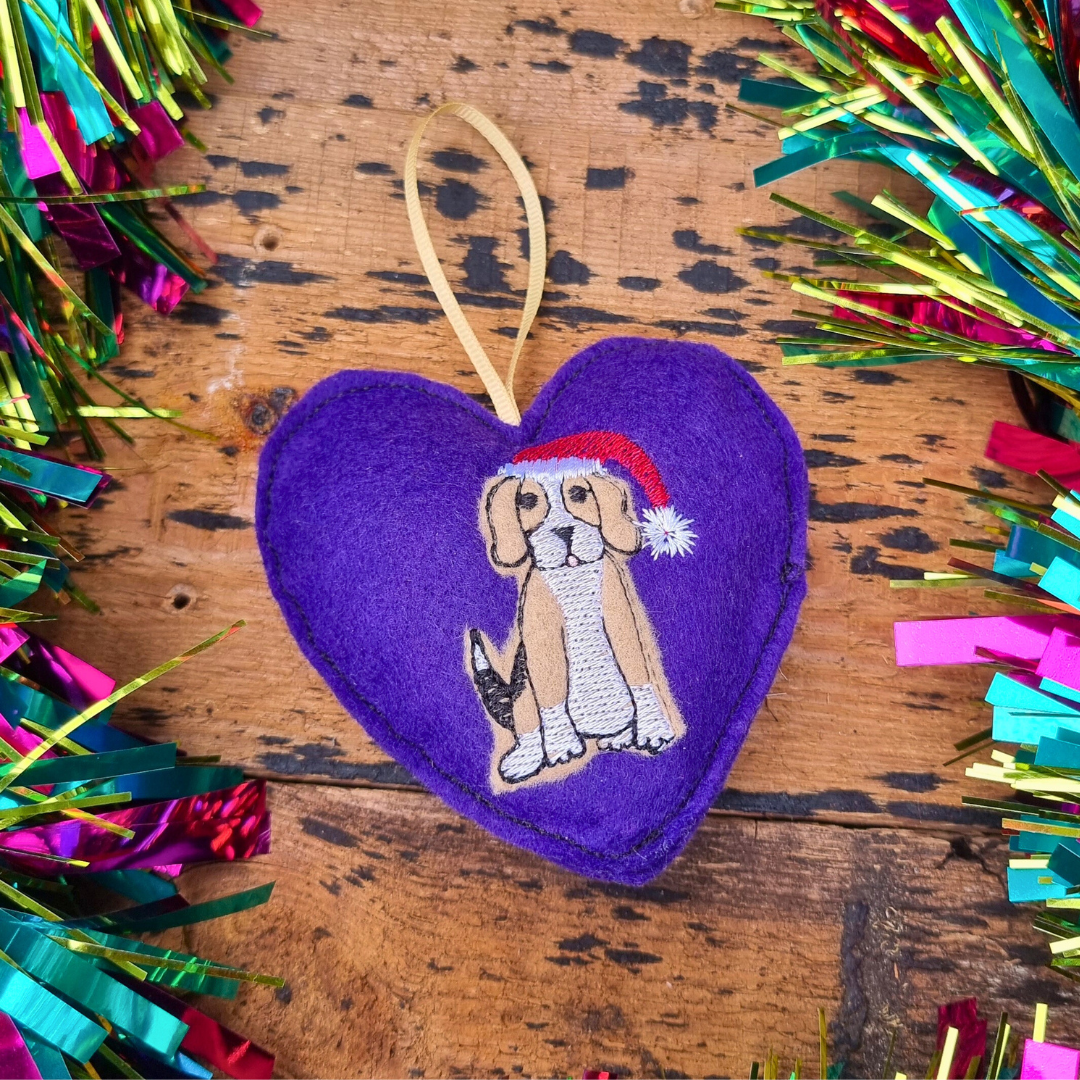 Light Brown Christmas Beagle  | Purple Felt Heart Christmas Decoration