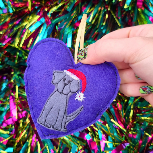 Grey Christmas Labrador | Purple Felt Heart Christmas Decoration