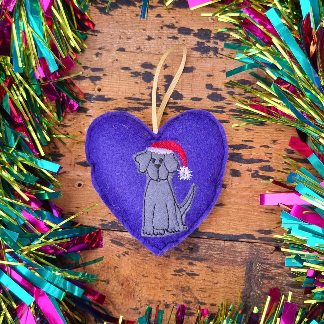 Grey Christmas Labrador | Purple Felt Heart Christmas Decoration