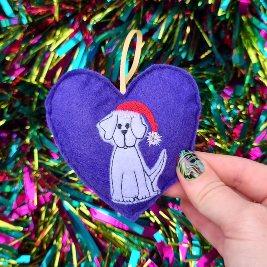 White Christmas Labrador | Purple Felt Heart Christmas Decoration