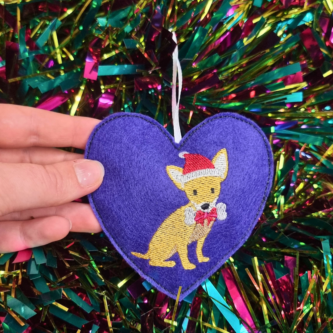 Christmas Chihuahua | Felt Heart Christmas Decoration | Custom Felt Colour