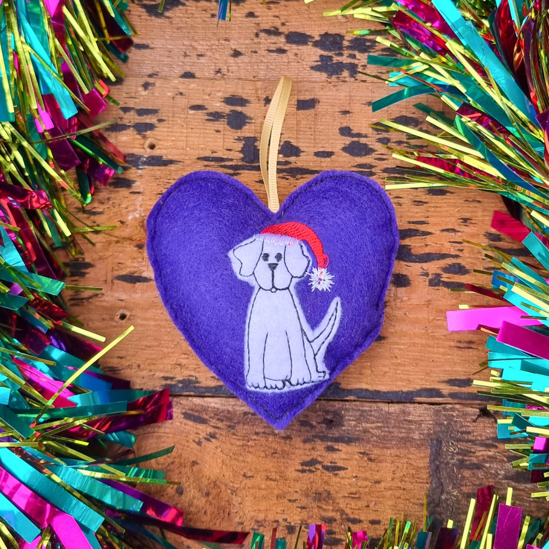 White Christmas Labrador | Purple Felt Heart Christmas Decoration