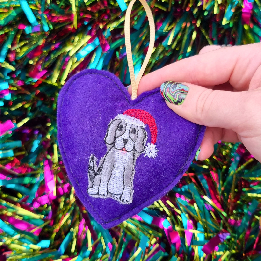 Grey Christmas Beagle | Purple Felt Heart Christmas Decoration