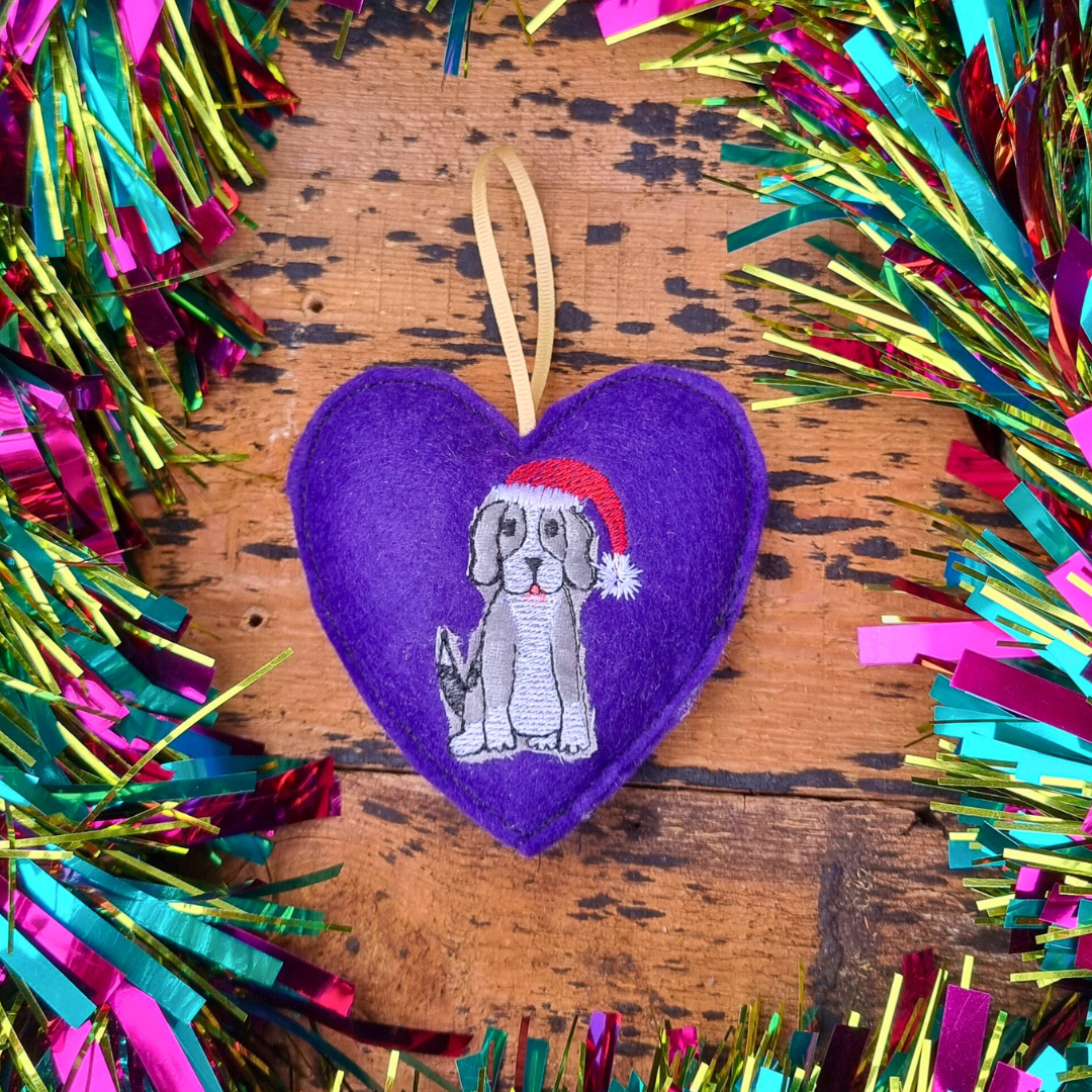 Grey Christmas Beagle | Purple Felt Heart Christmas Decoration