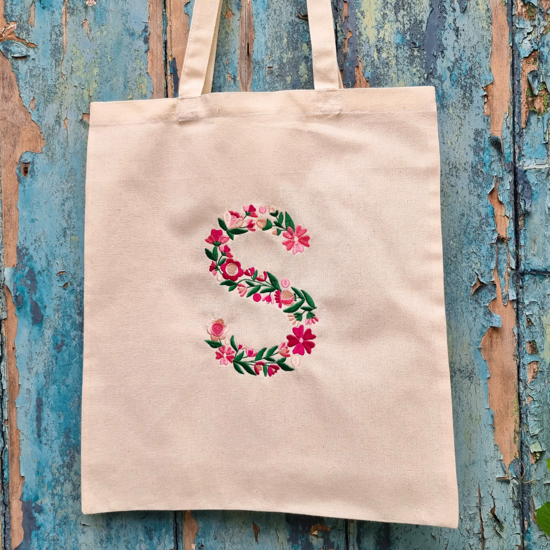 Floral Initial Embroidered Tote Bag