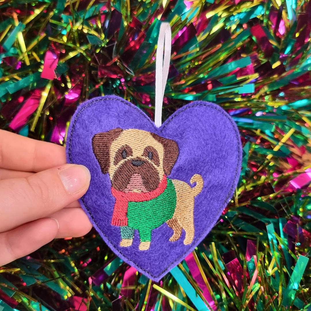 Christmas Pug | Felt Heart Christmas Decoration | Custom Felt Colour