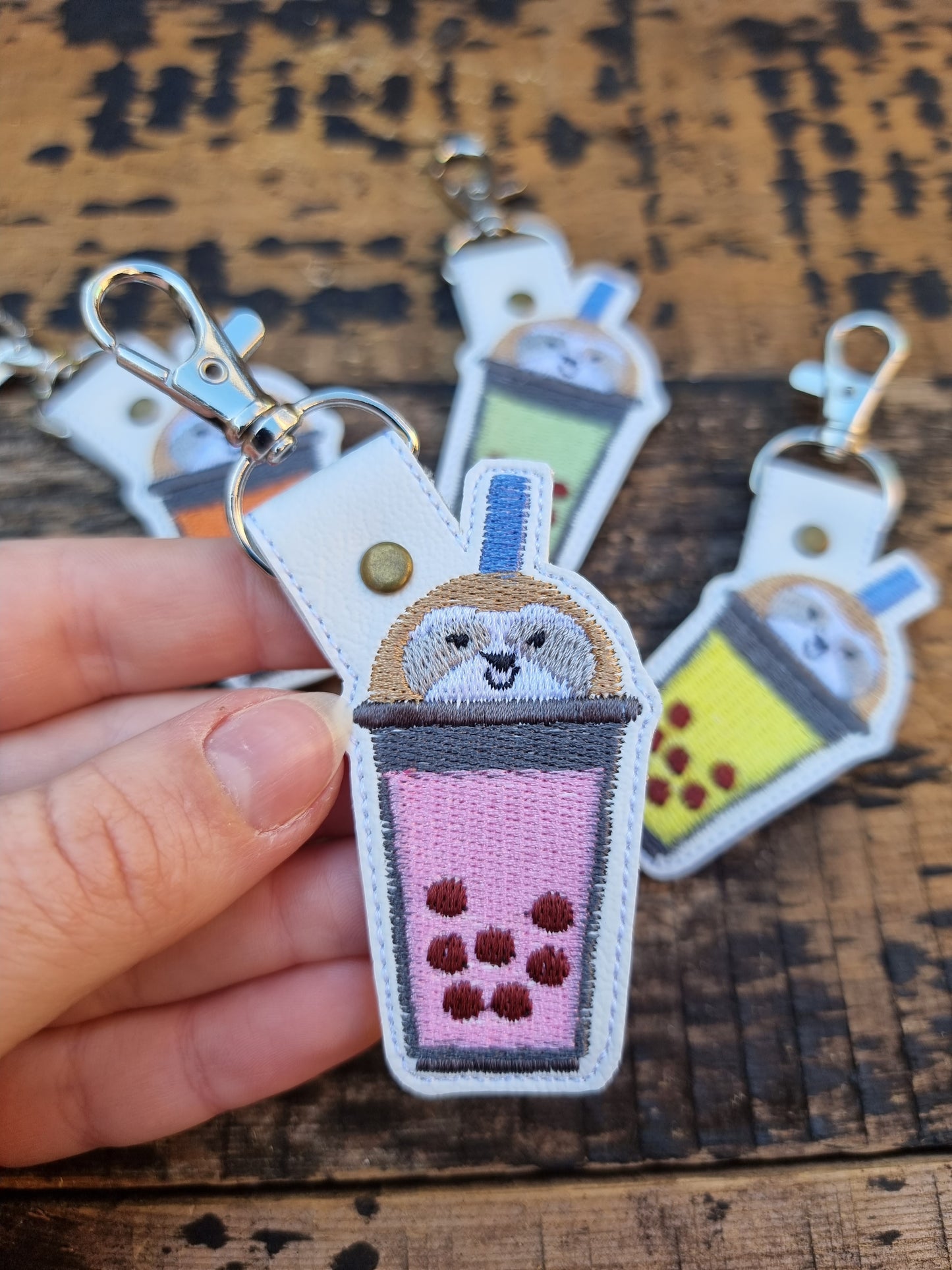 Kawaii Sloth Boba Tea | Embroidered Keychain