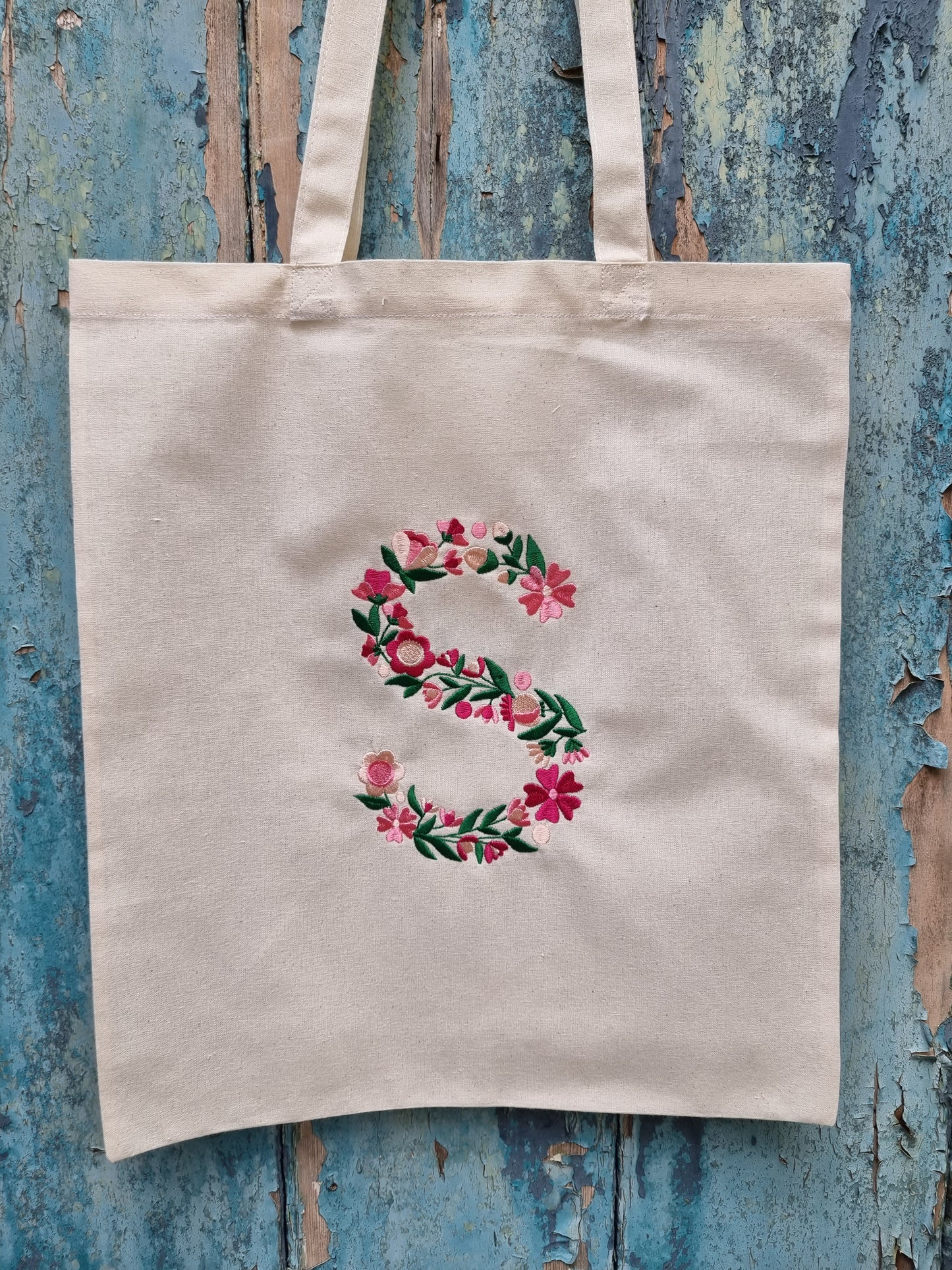 Floral Initial Embroidered Tote Bag