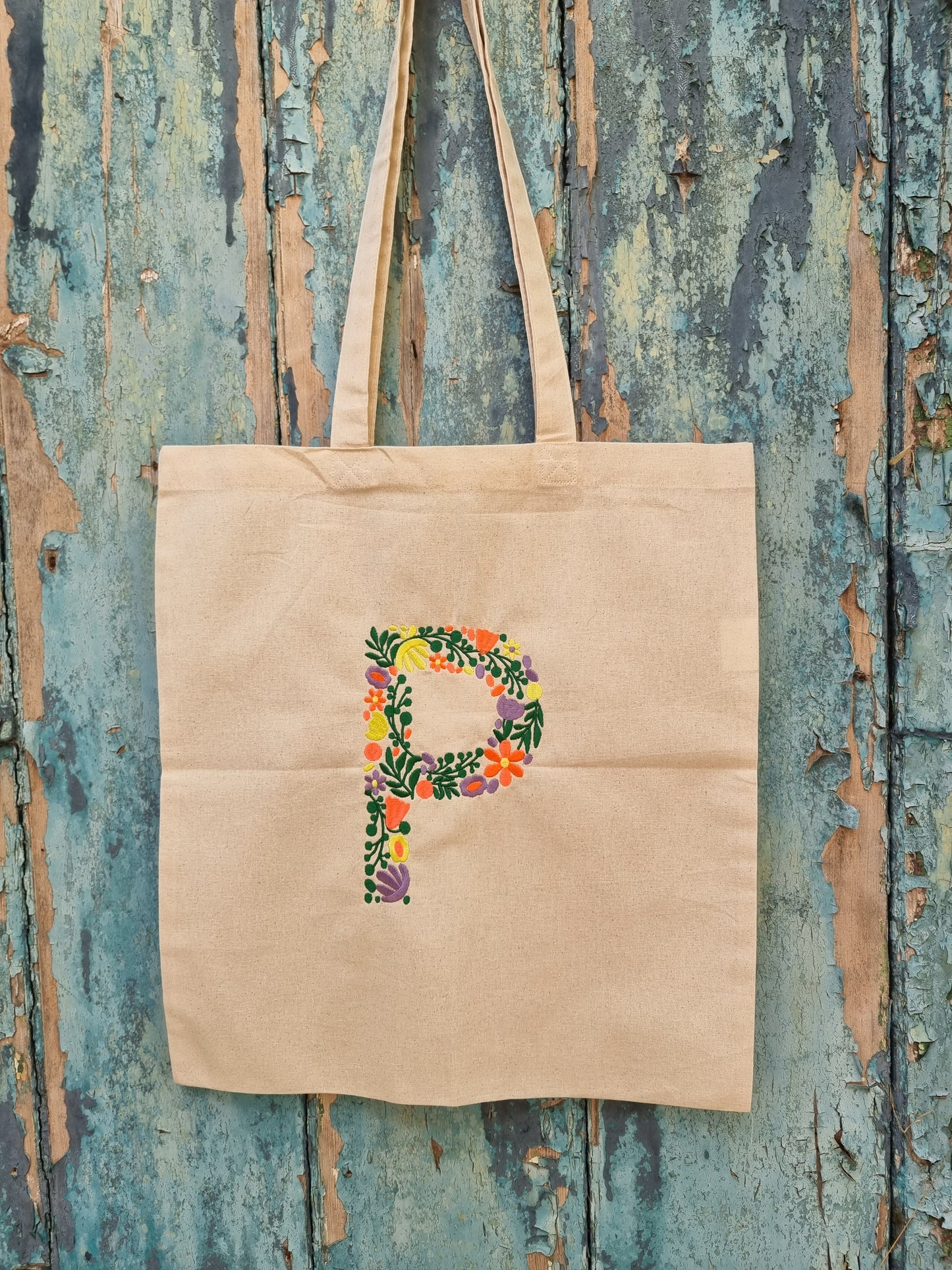 Floral Initial Embroidered Tote Bag