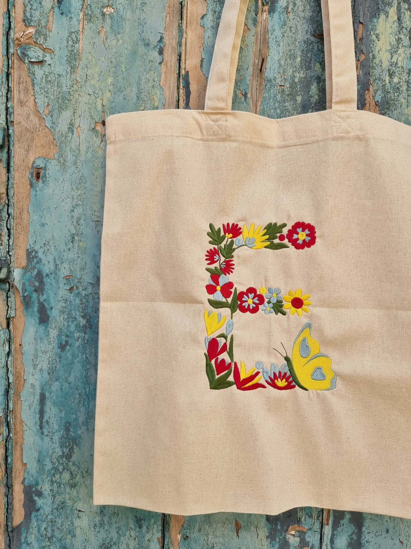 Floral Butterfly Initial Embroidered Tote Bag