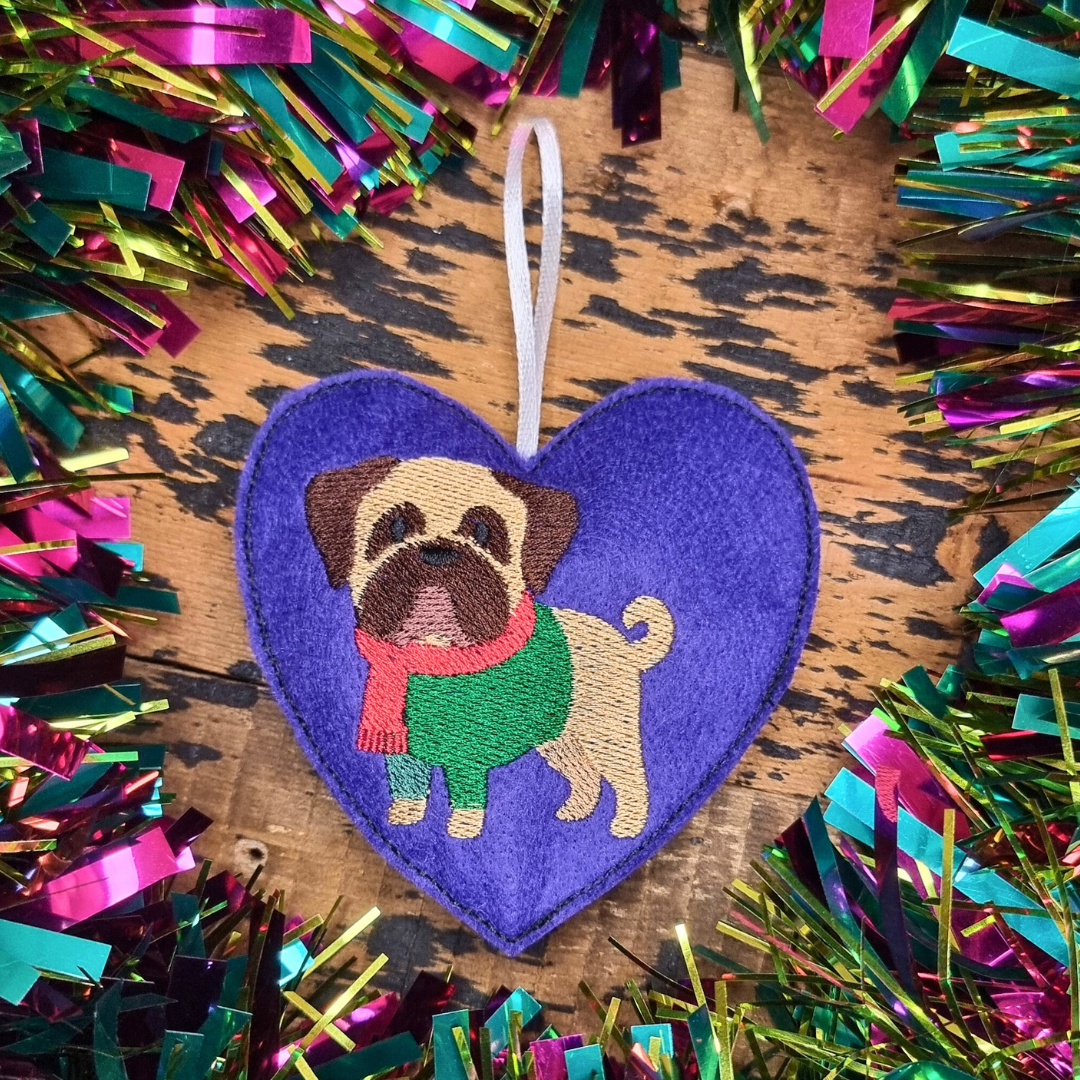 Christmas Pug | Felt Heart Christmas Decoration | Custom Felt Colour