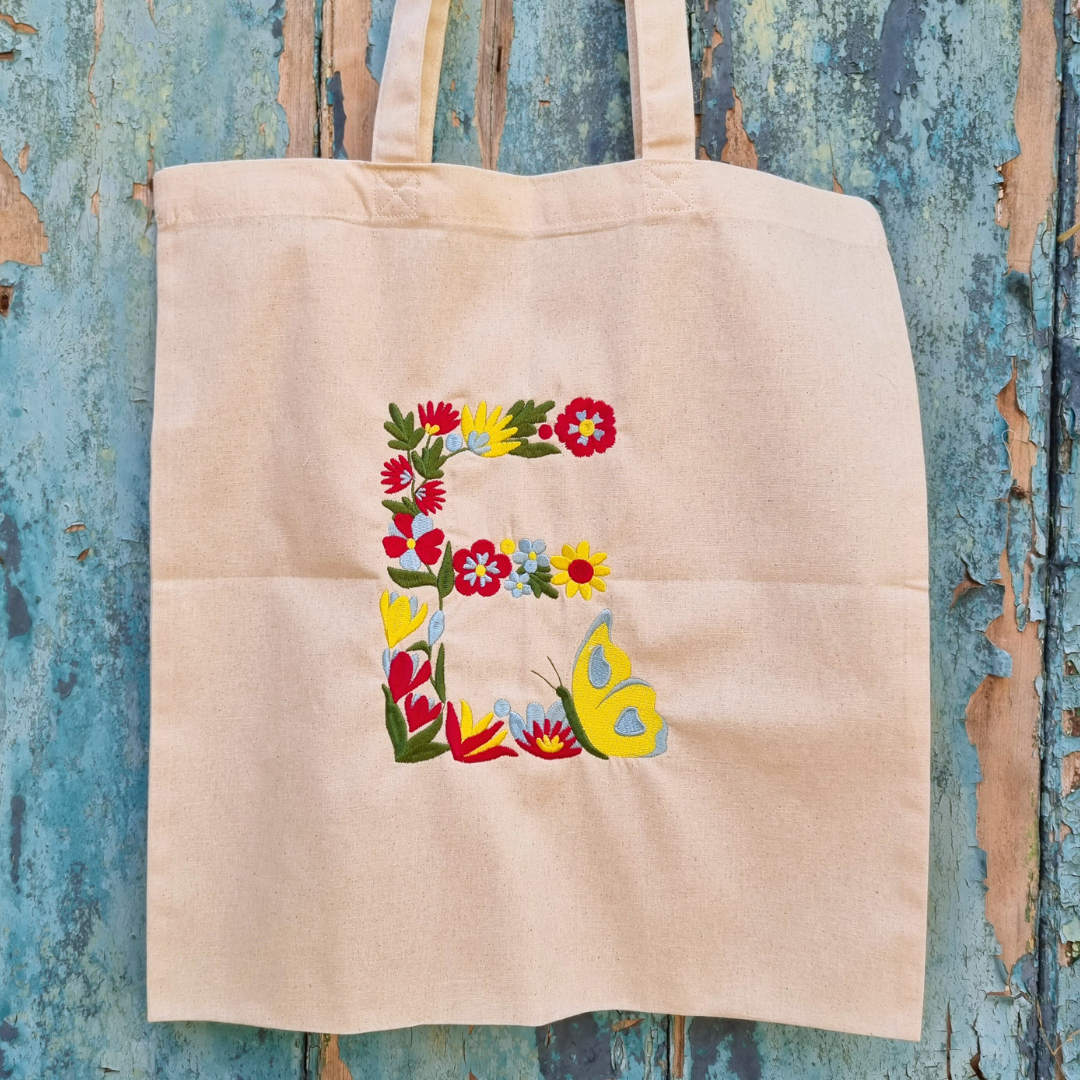 Floral Butterfly Initial Embroidered Tote Bag