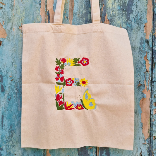 Floral Butterfly Initial Embroidered Tote Bag