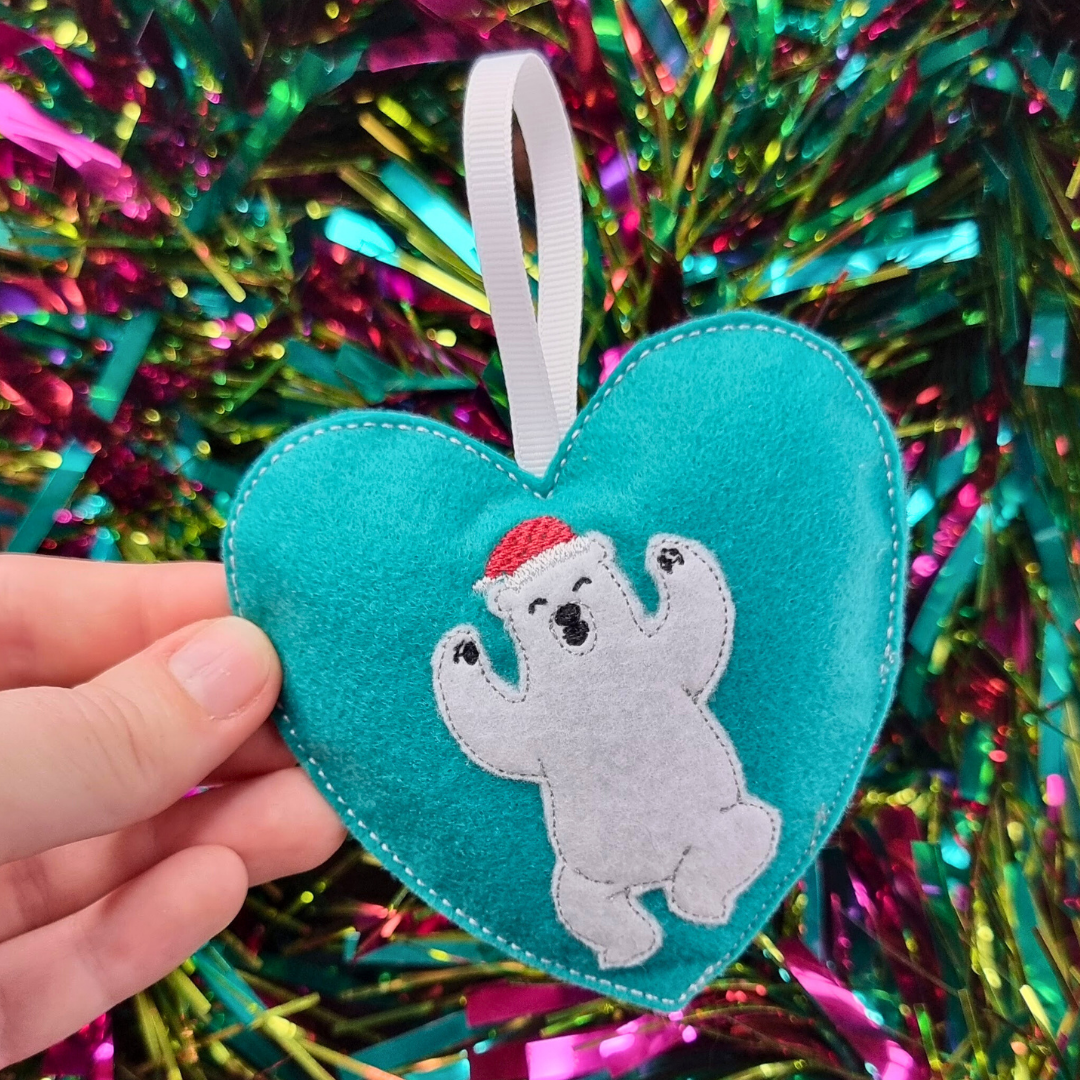 Dancing Polar Bear | Felt Heart Christmas Decoration | Custom Felt Colour