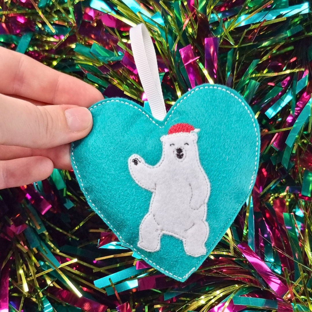 Dancing Polar Bear | Felt Heart Christmas Decoration | Custom Felt Colour