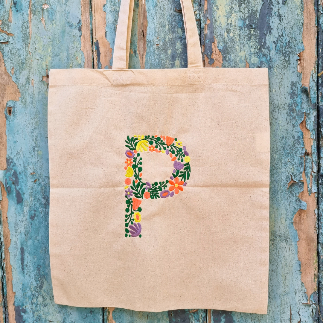 Floral Initial Embroidered Tote Bag