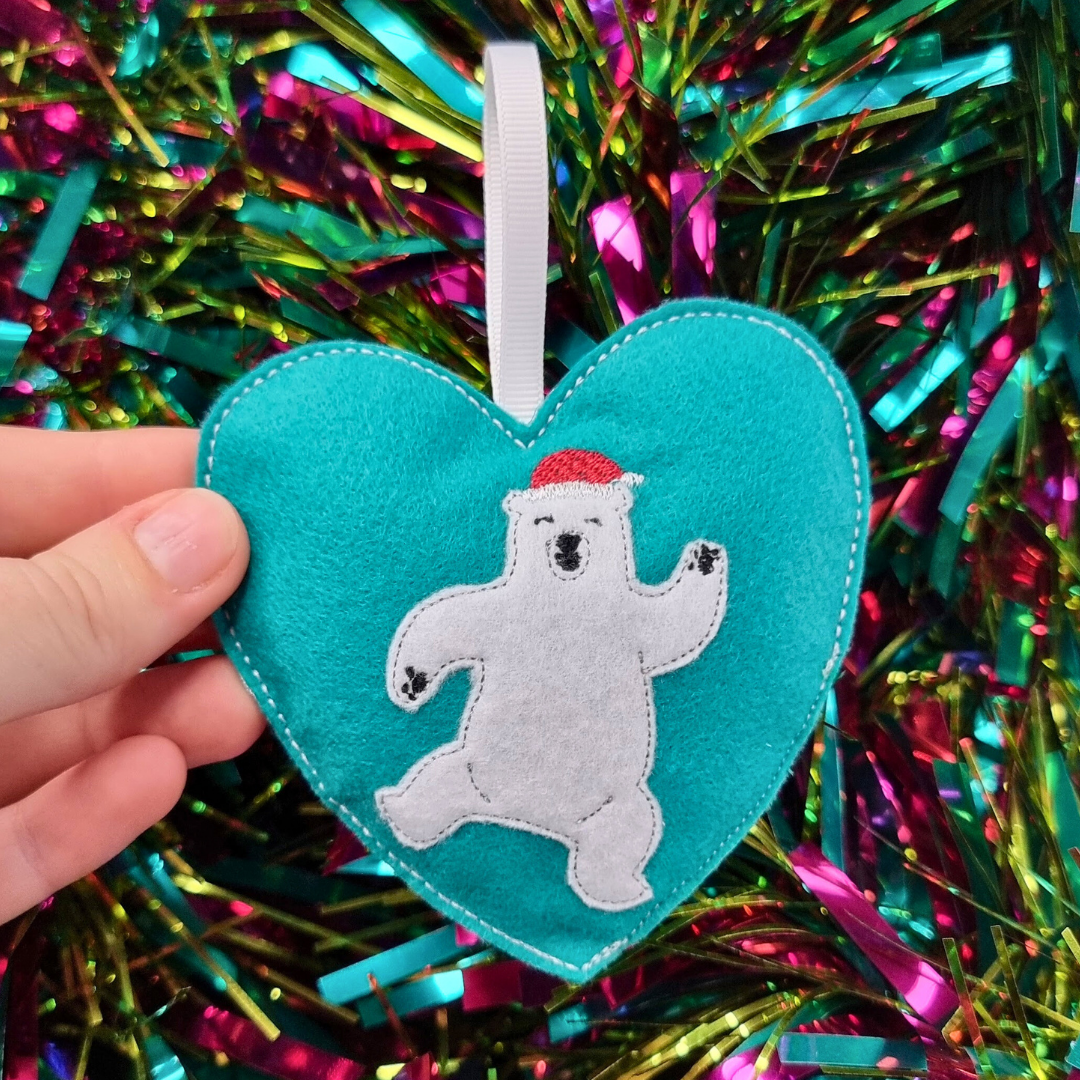 Dancing Polar Bear | Felt Heart Christmas Decoration | Custom Felt Colour