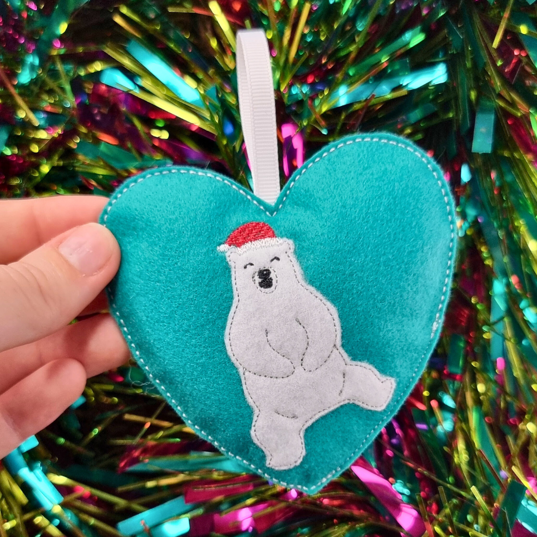 Dancing Polar Bear | Felt Heart Christmas Decoration | Custom Felt Colour