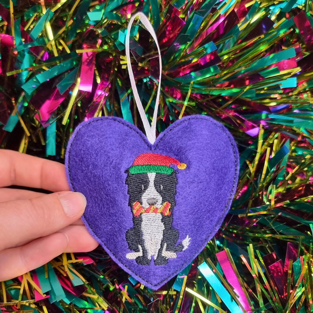 Christmas Border Collie | Felt Heart Christmas Decoration | Custom Felt Colour