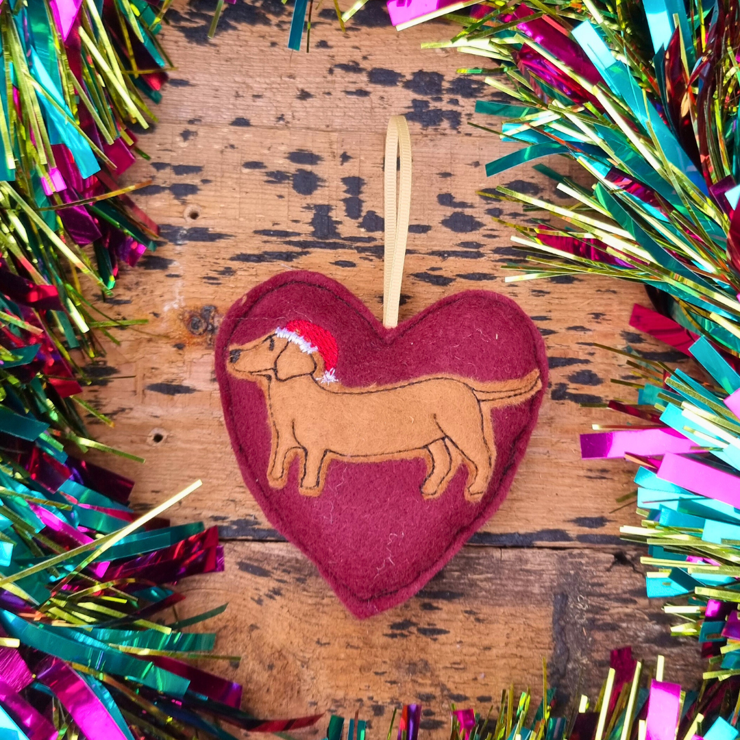 Christmas Sausage Dog | Burgundy Felt Heart Christmas Decoration