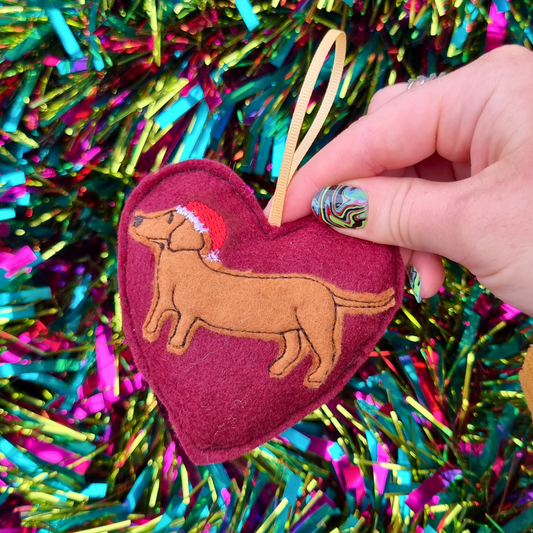 Christmas Sausage Dog | Burgundy Felt Heart Christmas Decoration