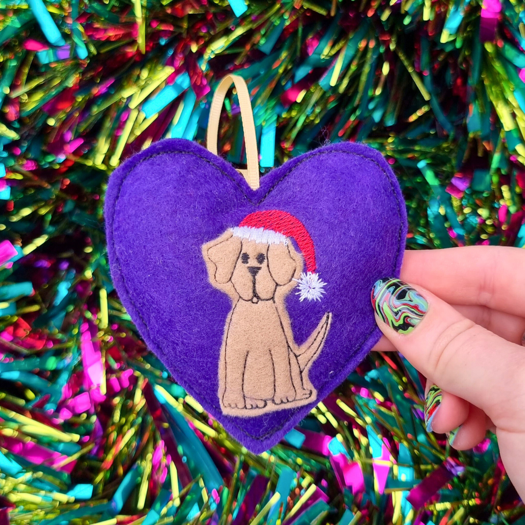 Light Brown Christmas Labrador  | Purple Felt Heart Christmas Decoration