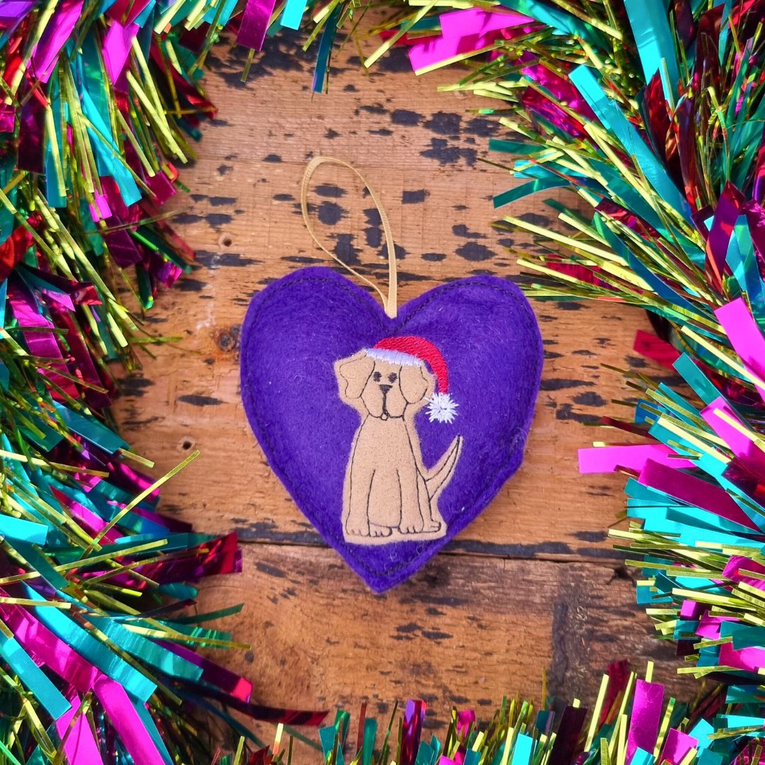 Light Brown Christmas Labrador  | Purple Felt Heart Christmas Decoration