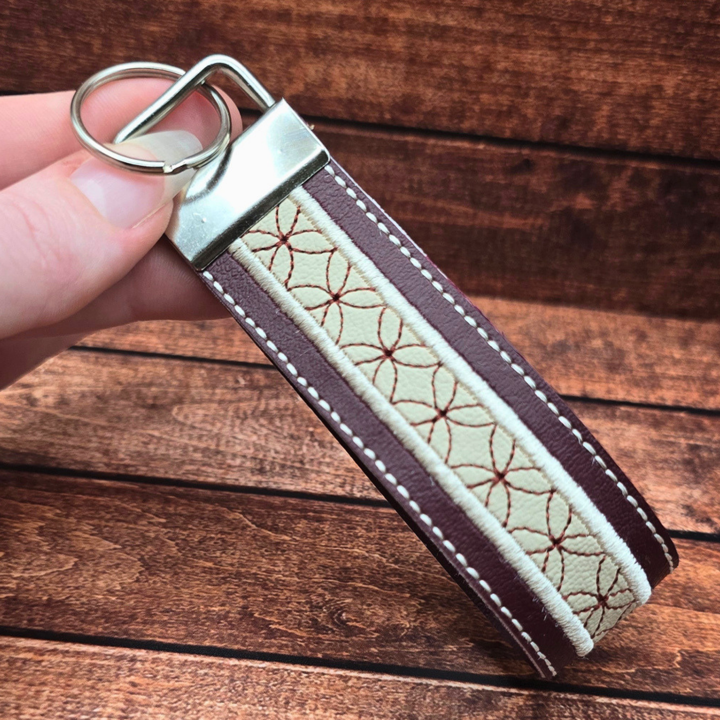 Burgundy and Cream | Embroidered Wristlet Keychain