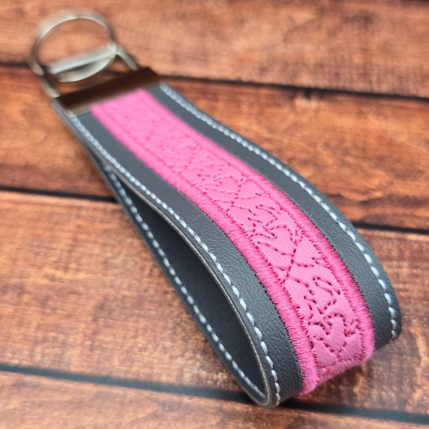 Grey and Pink | Embroidered Wristlet Keychain