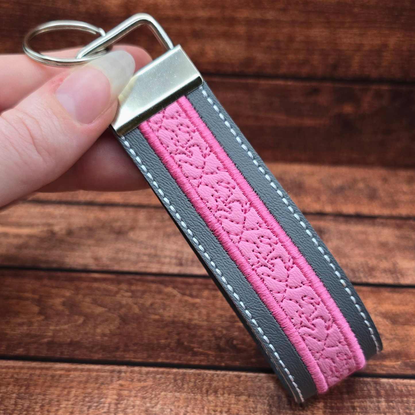 Grey and Pink | Embroidered Wristlet Keychain