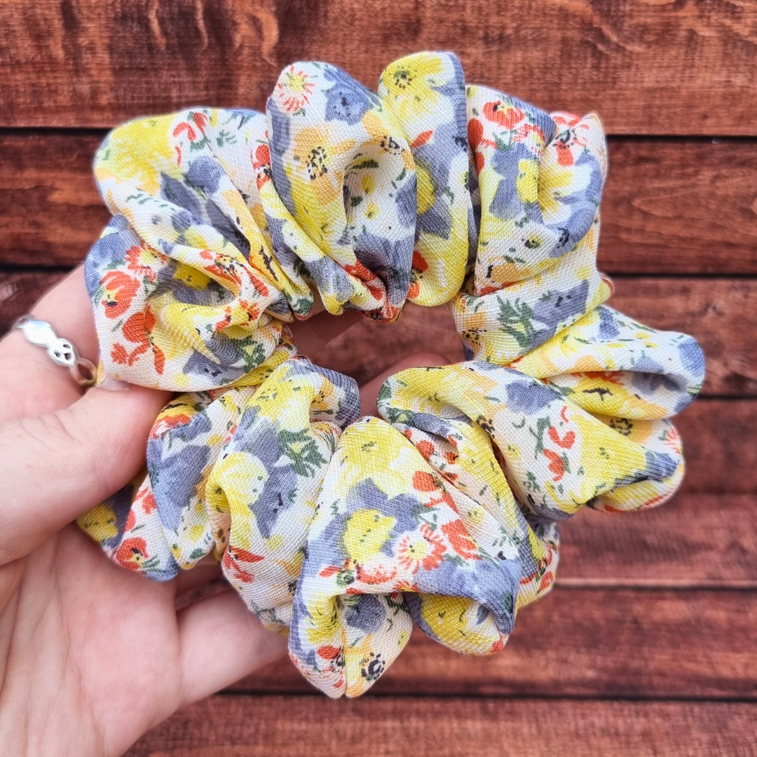 Lemon Summer Florals Crepe Scrunchie | Hair Tie