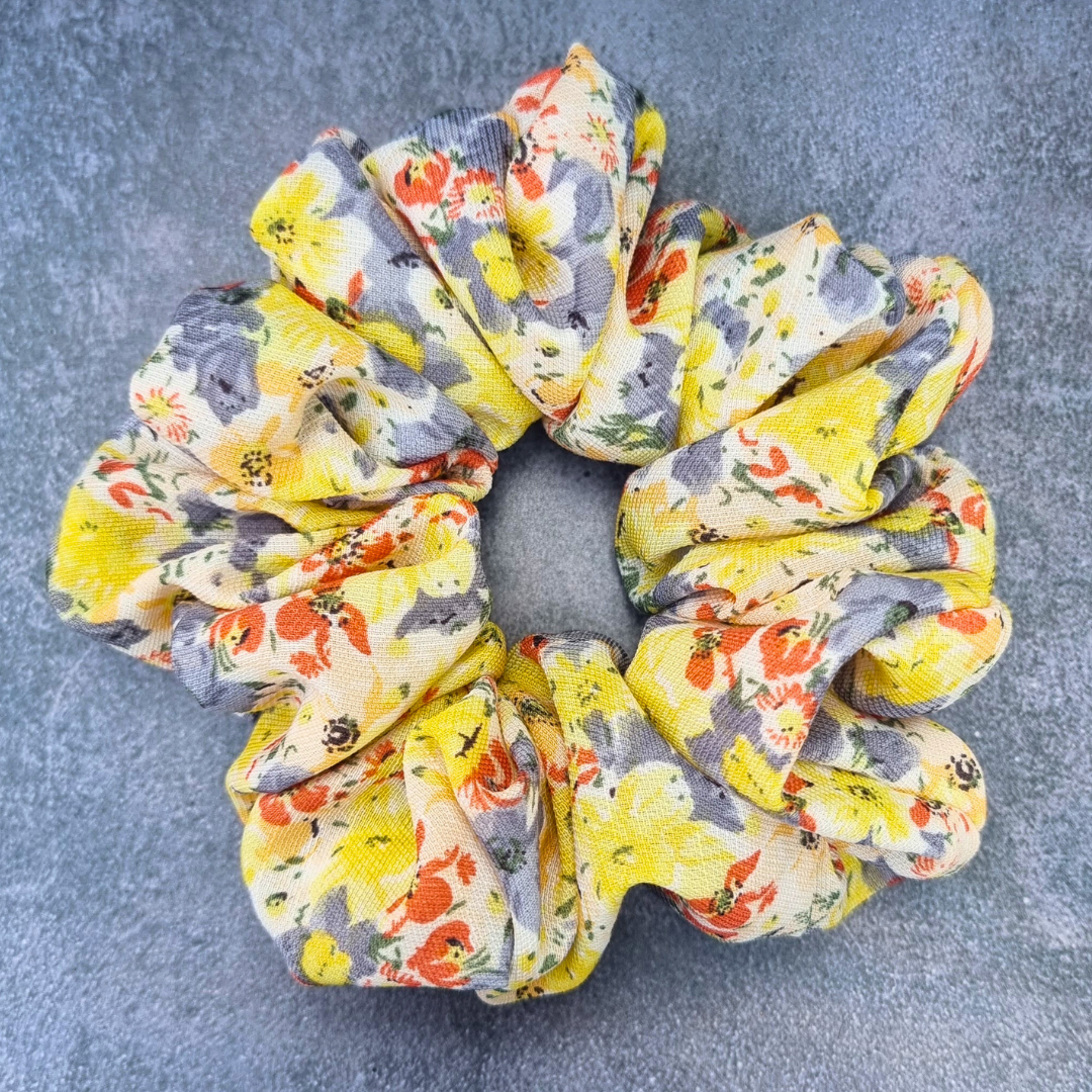 Lemon Summer Florals Crepe Scrunchie | Hair Tie