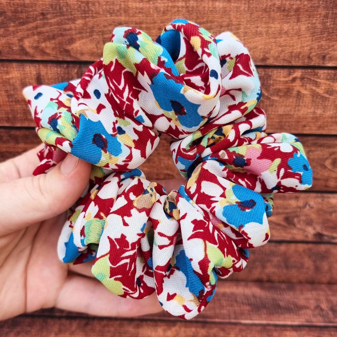 Maroon Florals Crepe Scrunchie | Hair Tie