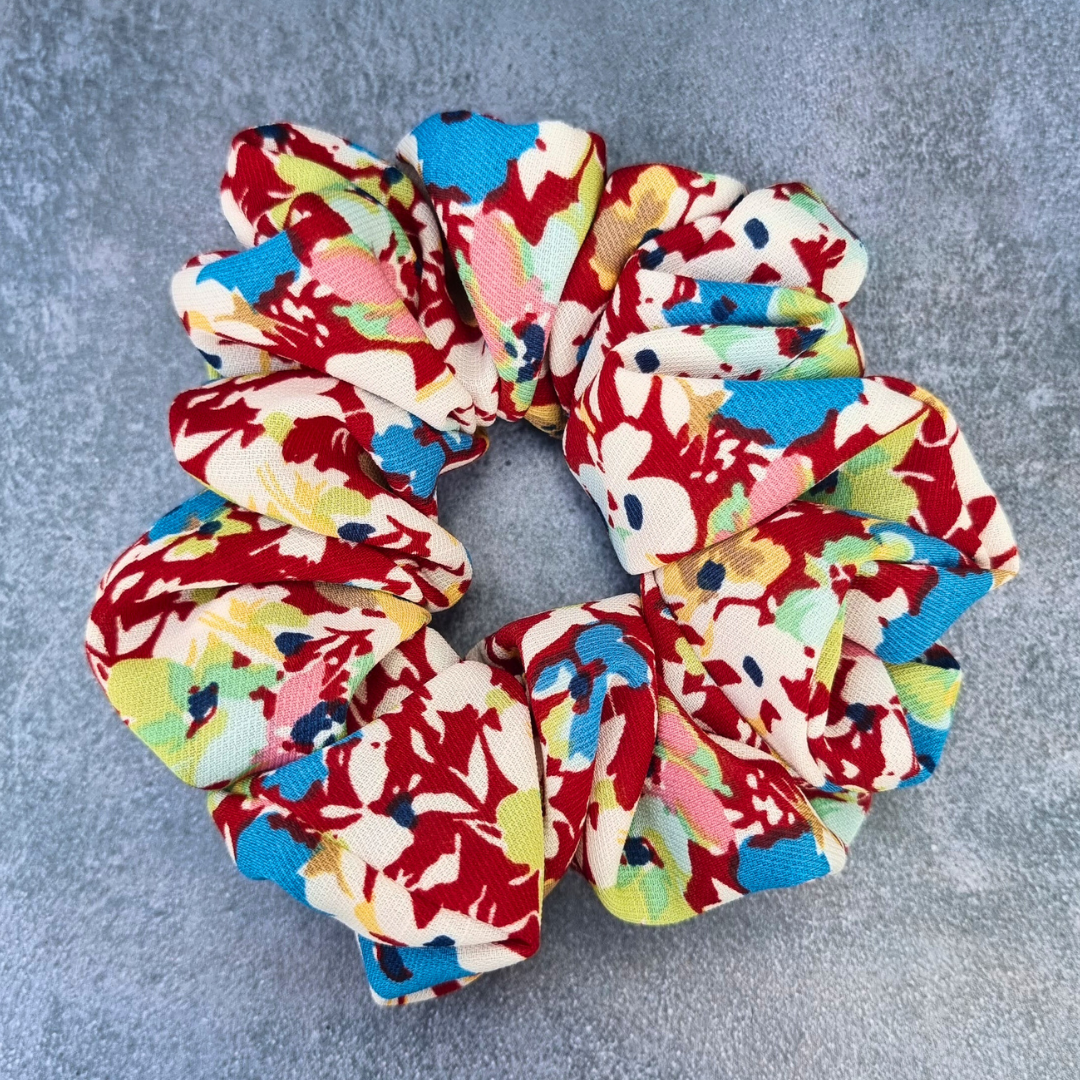 Maroon Florals Crepe Scrunchie | Hair Tie