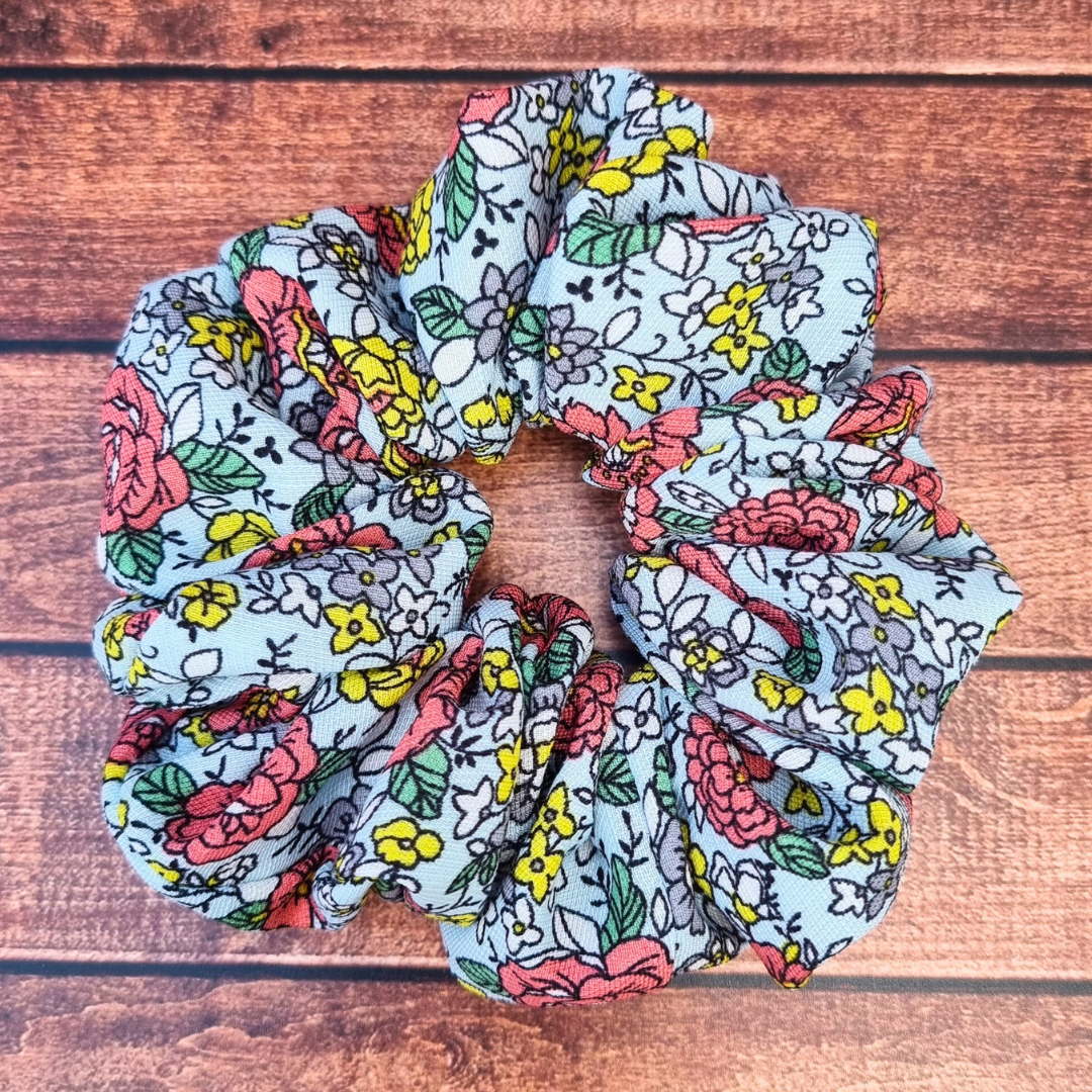 Pale Blue Summer Florals Crepe Scrunchie | Hair Tie