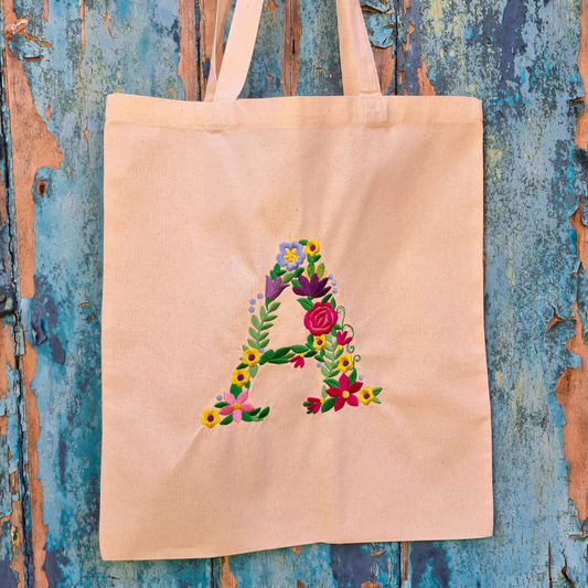 Floral Initial Embroidered Tote Bag