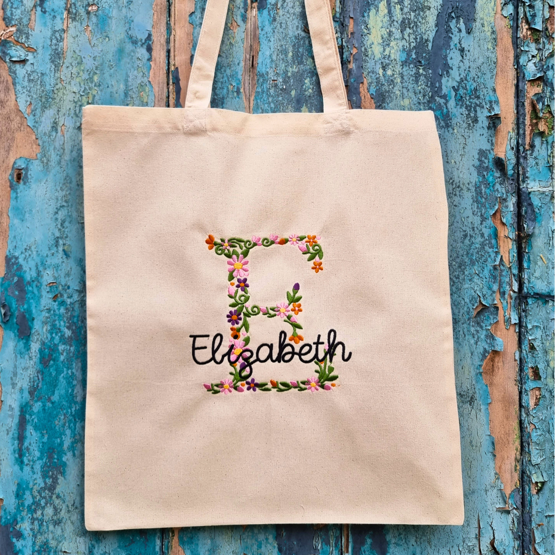 Floral Initial Embroidered With Name Tote Bag