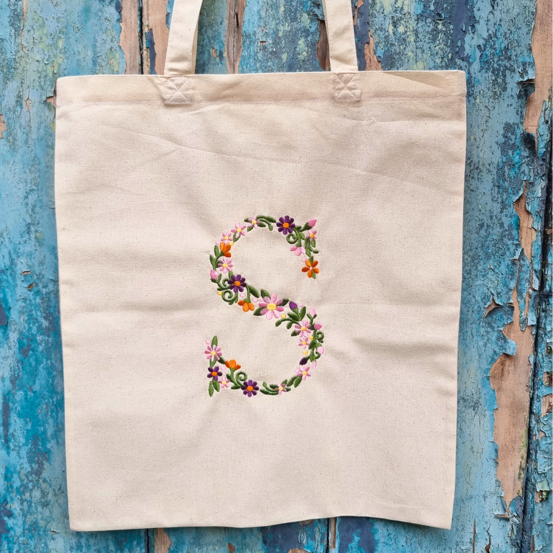 Floral Initial Embroidered Tote Bag