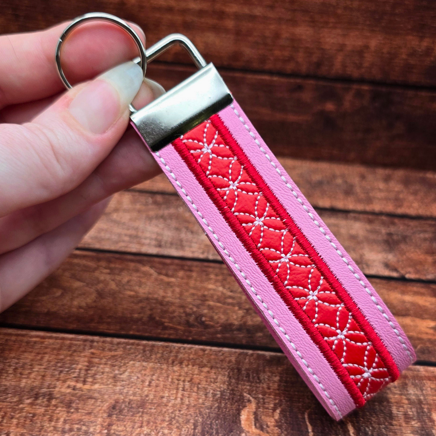 Pink and Red | Embroidered Wristlet Keychain