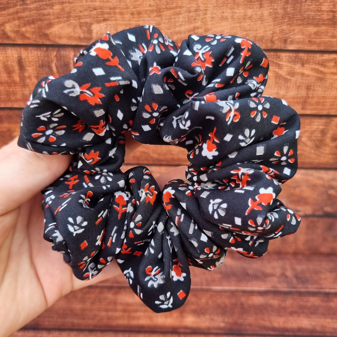 Black Ditsy Florals Crepe Scrunchie | Hair Tie