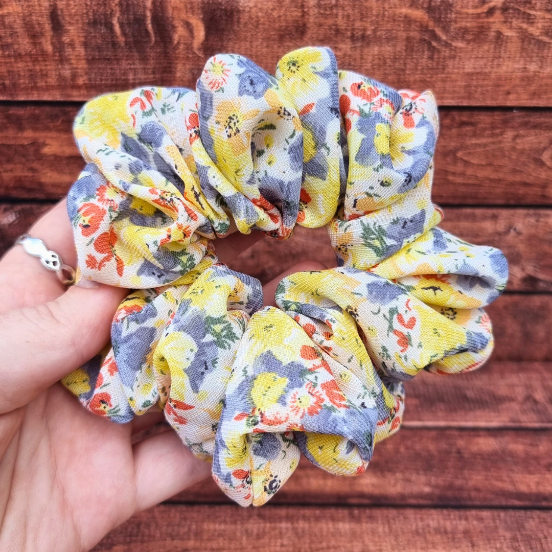 Lemon Summer Florals Crepe Scrunchie | Hair Tie