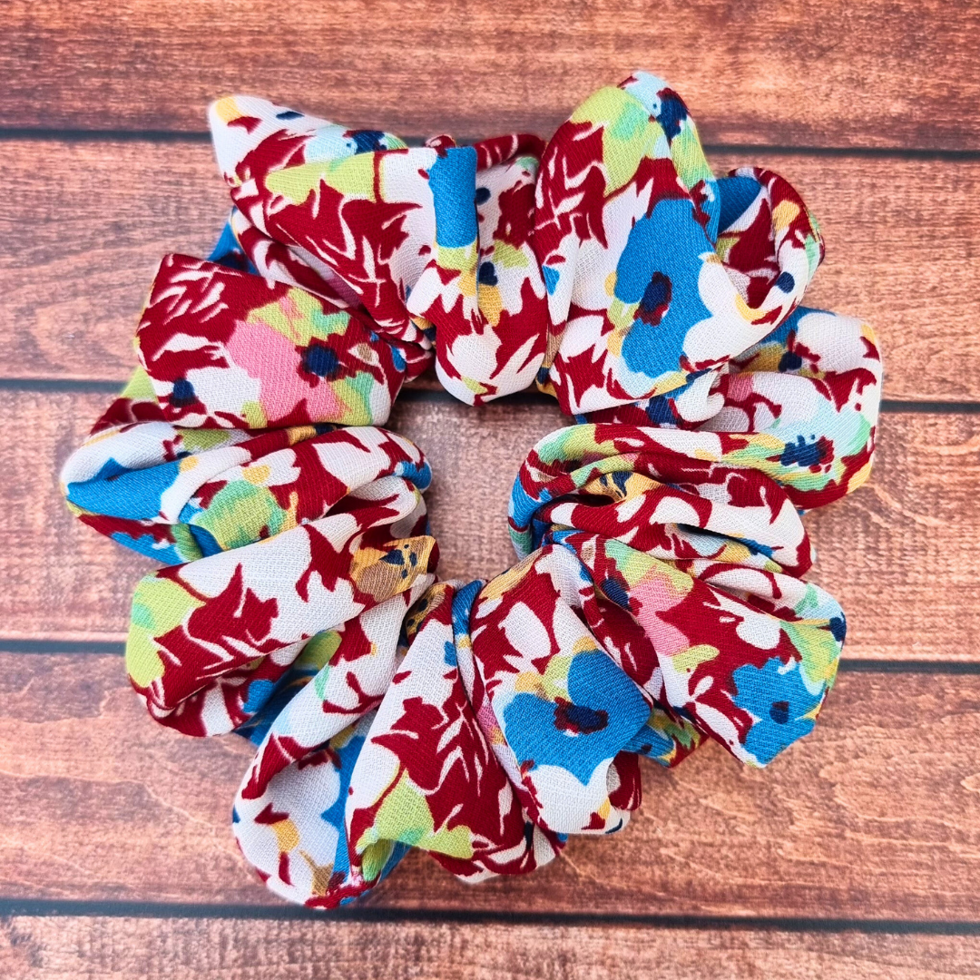 Maroon Florals Crepe Scrunchie | Hair Tie