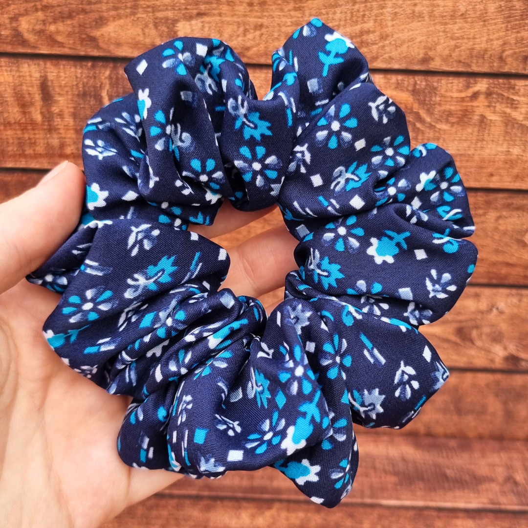 Navy Ditsy Florals Crepe Scrunchie | Hair Tie