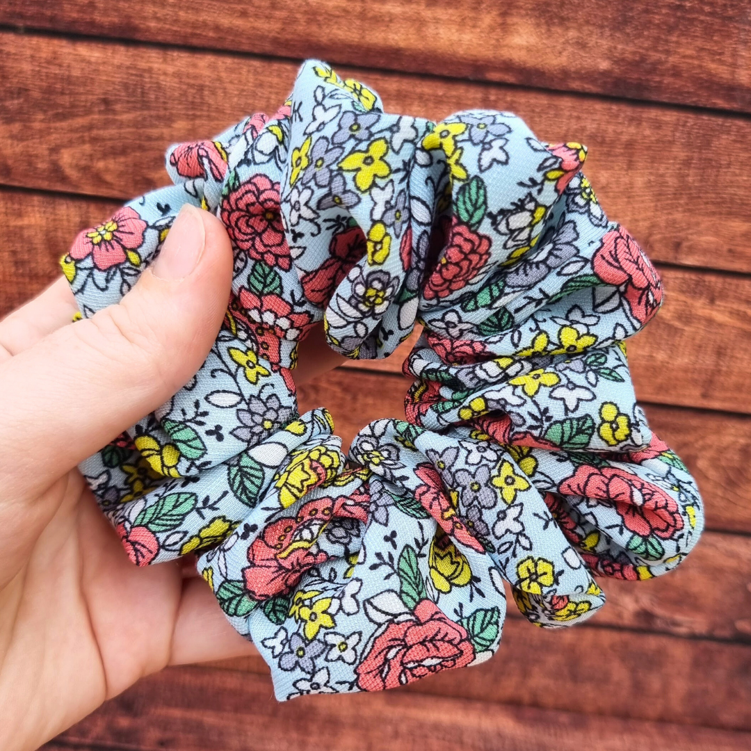 Pale Blue Summer Florals Crepe Scrunchie | Hair Tie