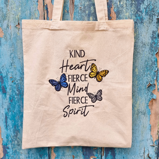 Kind Heart, Fierce Mind, Fierce Spirit Butterflies Embroidered Tote Bag