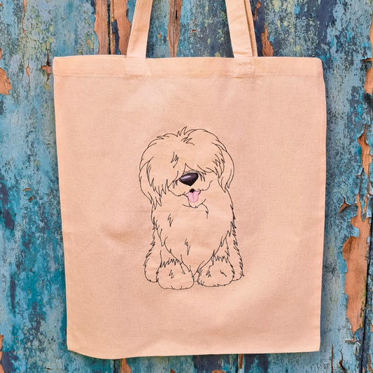 Old English Sheepdog Line Art Embroidered Tote